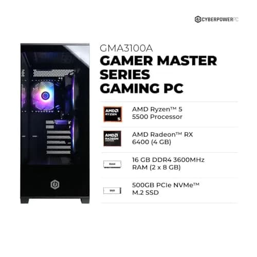 CyberpowerPC Gamer Master Gaming PC AMD Ryzen 5 5500 3.6GHz Radeon RX 6400 4GB 16GB DDR4 500GB SSD | High-Performance Desktop thumbnail 2