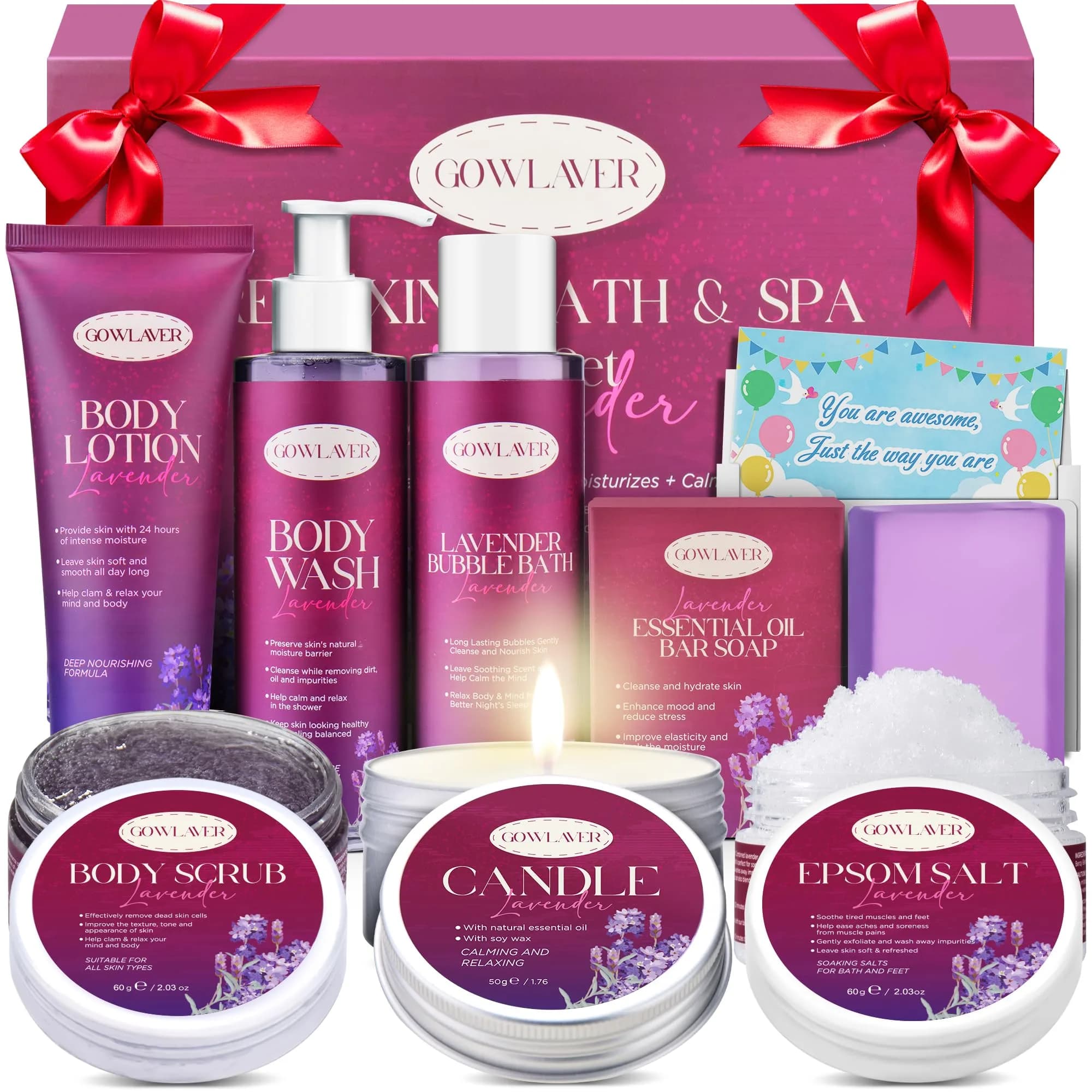GOWLAVER Relaxing Bath & Spa Gift Set with Lavender Body Wash, Scrub, Lotion, Epsom Salt & Greeting Card | 6-Piece Set - main product image