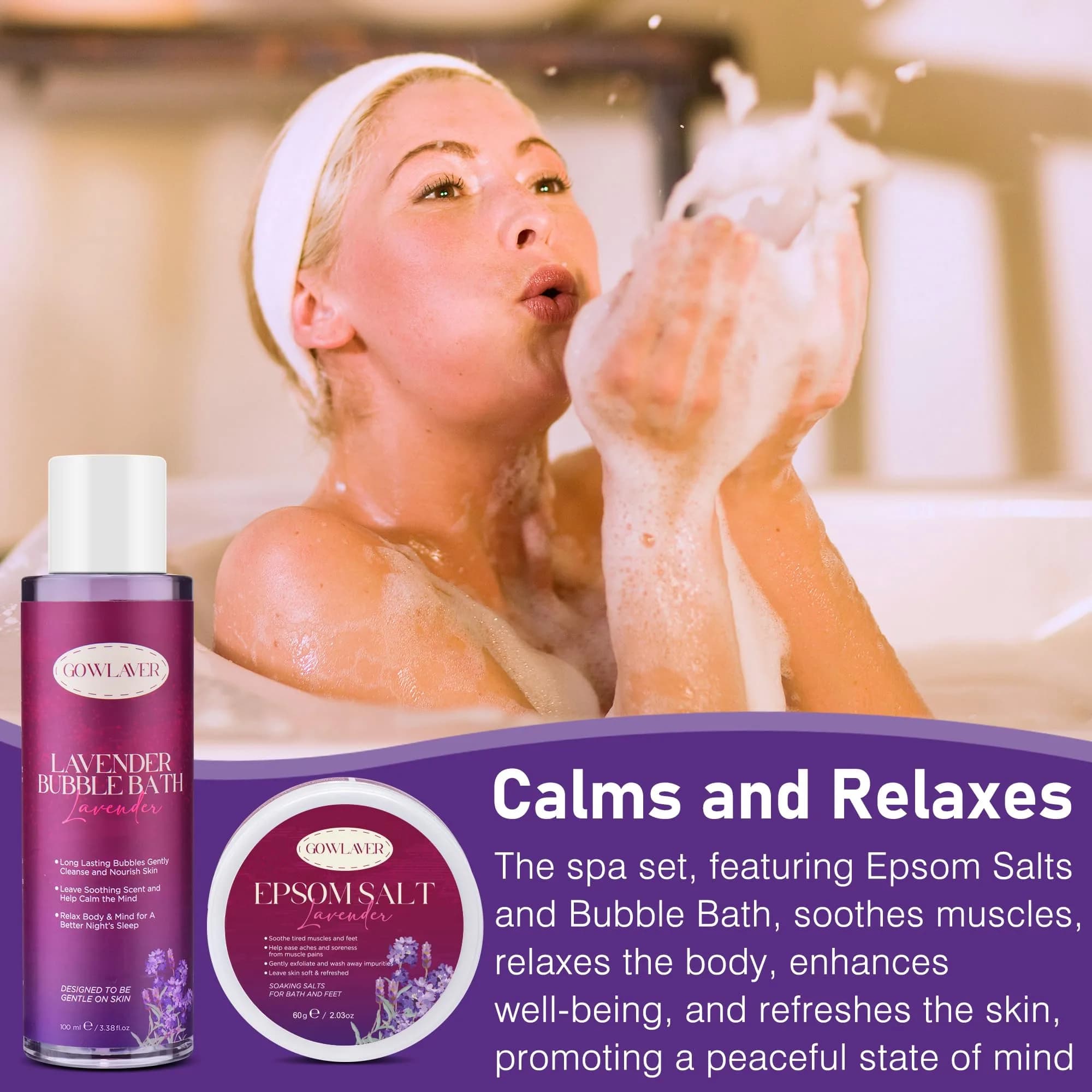 GOWLAVER Relaxing Bath & Spa Gift Set with Lavender Body Wash, Scrub, Lotion, Epsom Salt & Greeting Card | 6-Piece Set - view 6