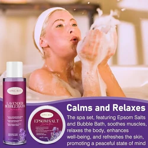 GOWLAVER Relaxing Bath & Spa Gift Set with Lavender Body Wash, Scrub, Lotion, Epsom Salt & Greeting Card | 6-Piece Set thumbnail 6