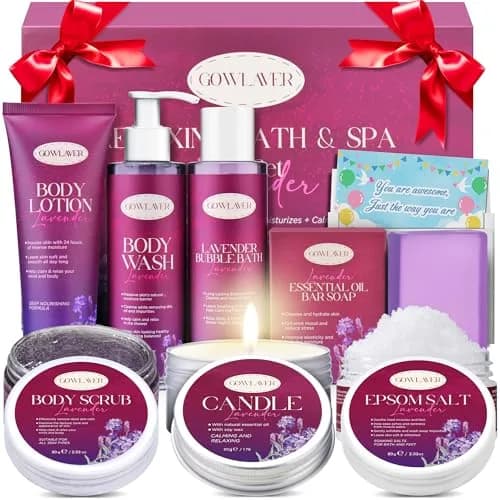 GOWLAVER Relaxing Bath & Spa Gift Set with Lavender Body Wash, Scrub, Lotion, Epsom Salt & Greeting Card | 6-Piece Set thumbnail 1