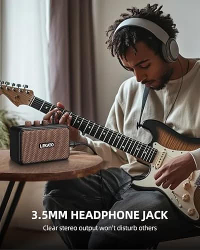 LEKATO Mini Guitar Amplifier 5W Portable Rechargeable Amp with Bluetooth & Headphone Jack | Dual Speakers Brown thumbnail 4