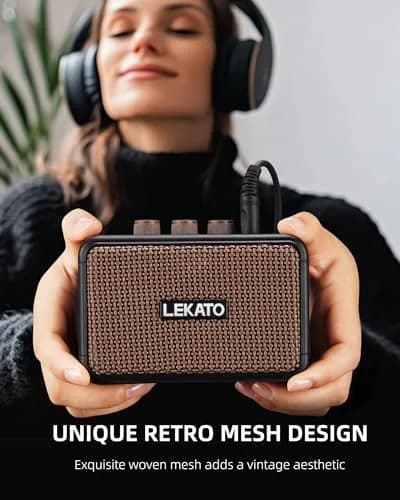 LEKATO Mini Guitar Amplifier 5W Portable Rechargeable Amp with Bluetooth & Headphone Jack | Dual Speakers Brown thumbnail 5