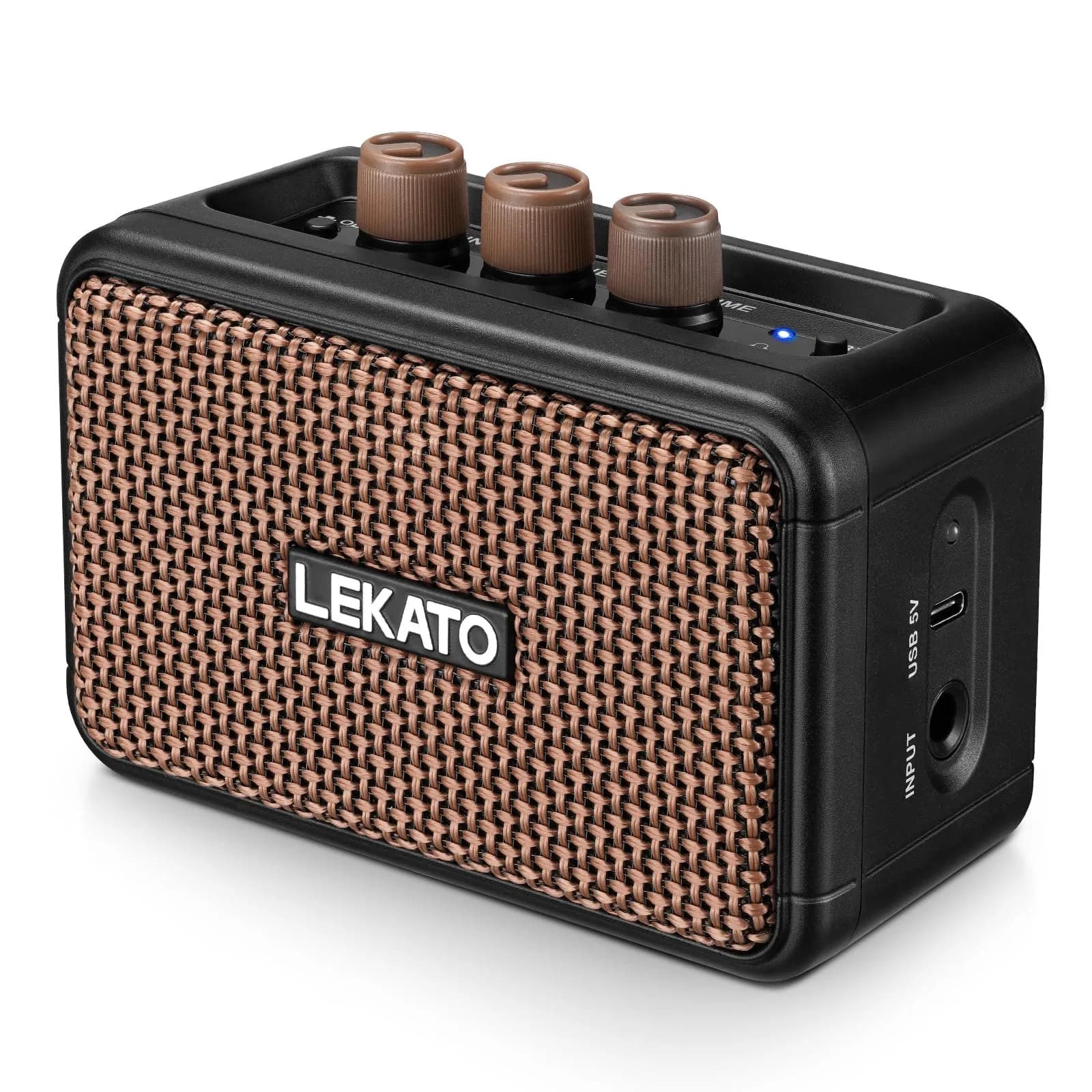 LEKATO Mini Guitar Amplifier 5W Portable Rechargeable Amp with Bluetooth & Headphone Jack | Dual Speakers Brown — Brown