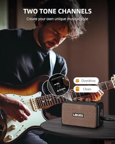 LEKATO Mini Guitar Amplifier 5W Portable Rechargeable Amp with Bluetooth & Headphone Jack | Dual Speakers Brown thumbnail 2