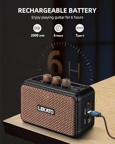 LEKATO Mini Guitar Amplifier 5W Portable Rechargeable Amp with Bluetooth & Headphone Jack | Dual Speakers Brown thumbnail 3