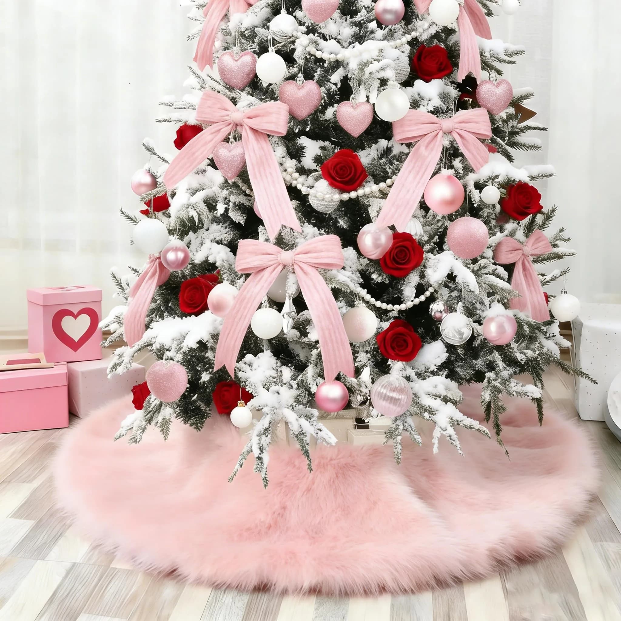 yuboo Light Pink Faux Fur Tree Skirt 91cm (36 inch) | Soft Fluffy Christmas Decor for 5-6 Ft Slim Trees