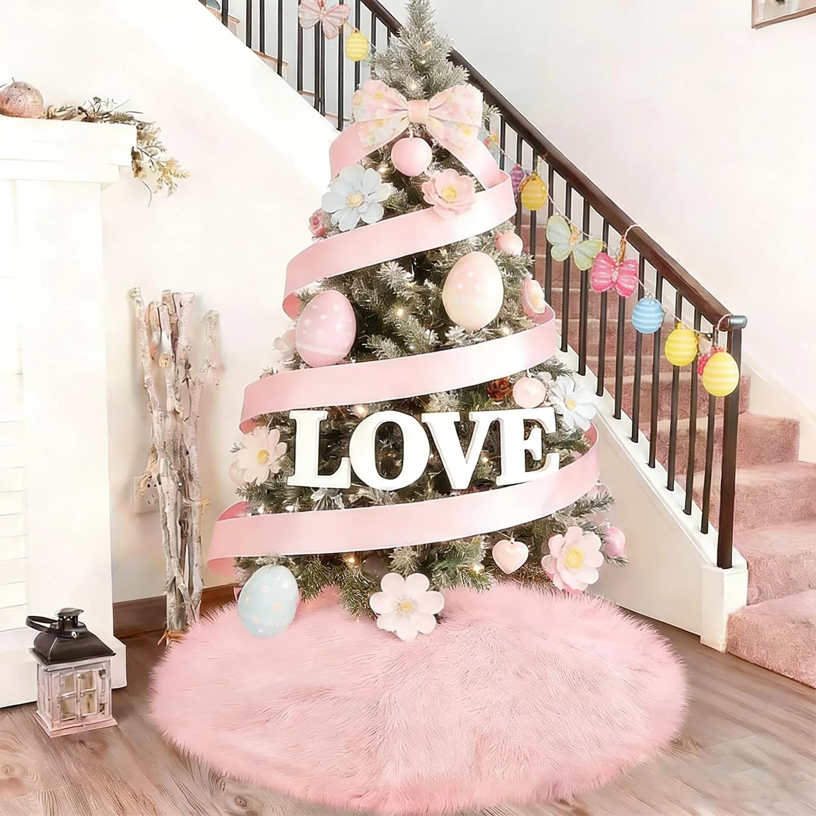 yuboo Light Pink Fur Tree Skirt 48 inch (122cm) | Pastel Pink Mother's Day Decorations for Artificial Trees 6-7 Ft