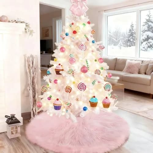 yuboo Light Pink Fur Tree Skirt 48 inch (122cm) | Pastel Pink Mother's Day Decorations for Artificial Trees 6-7 Ft thumbnail 4