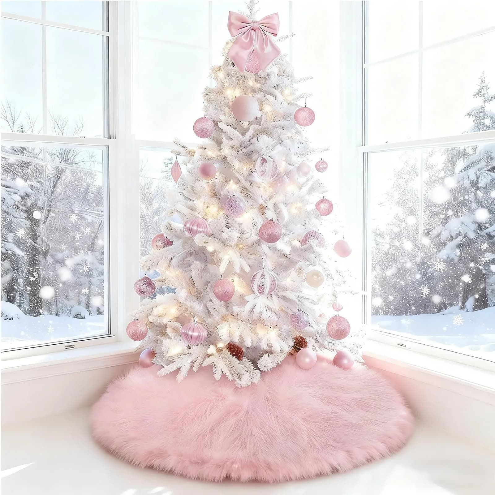 yuboo Light Pink Fur Tree Skirt 48 inch (122cm) | Pastel Pink Mother's Day Decorations for Artificial Trees 6-7 Ft - view 7