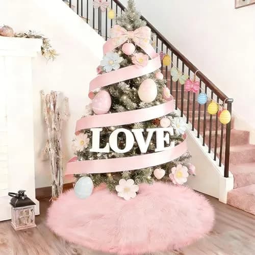 yuboo Light Pink Fur Tree Skirt 48 inch (122cm) | Pastel Pink Mother's Day Decorations for Artificial Trees 6-7 Ft thumbnail 1
