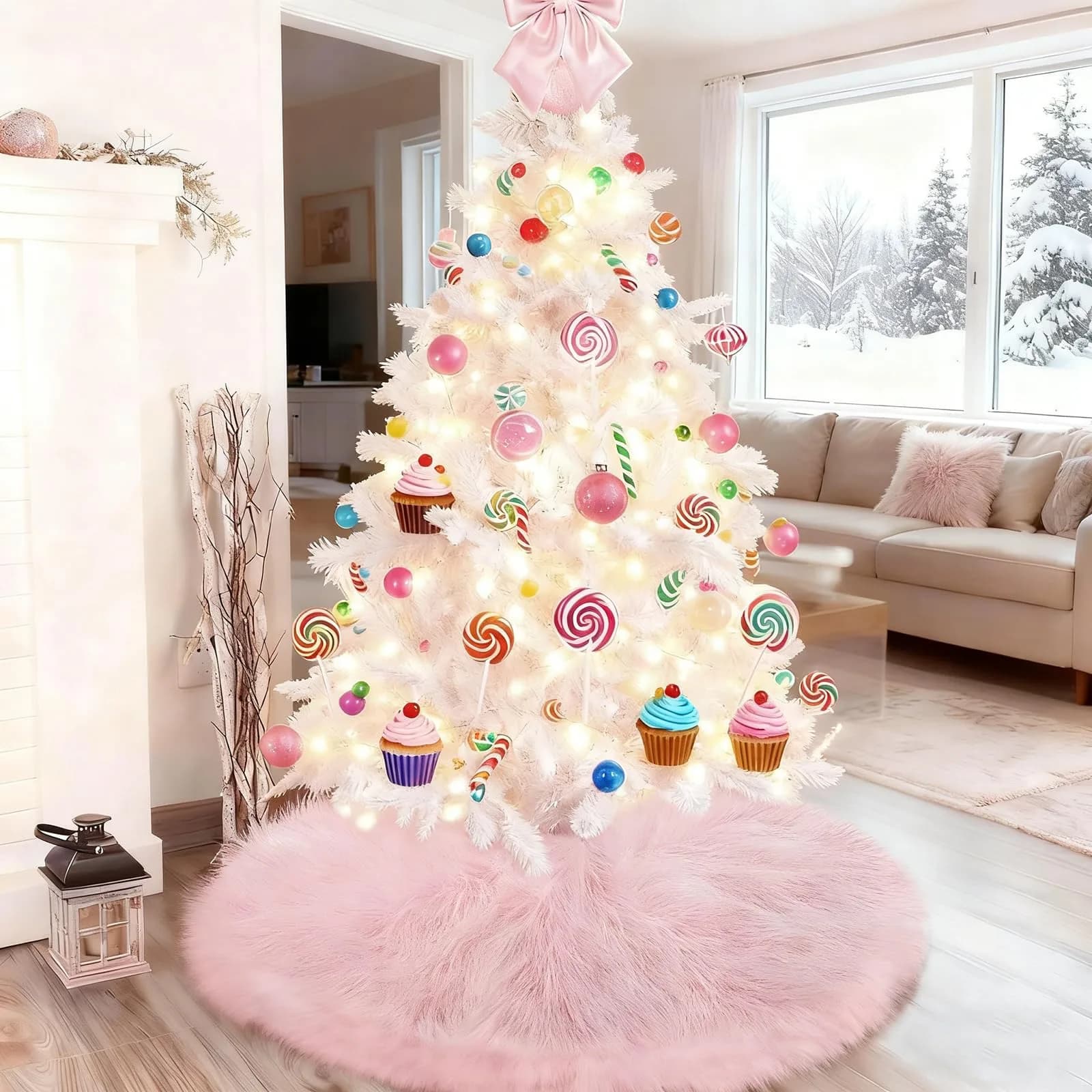 yuboo Light Pink Fur Tree Skirt 48 inch (122cm) | Pastel Pink Mother's Day Decorations for Artificial Trees 6-7 Ft - view 4
