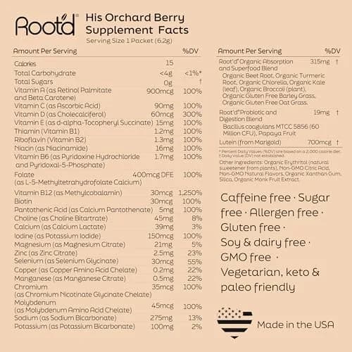 Root'd Multivitamin Powder for Men - 24 Vitamins & Minerals | 30 Count, Orchard Berry, Hydrating & Easy to Mix thumbnail 7
