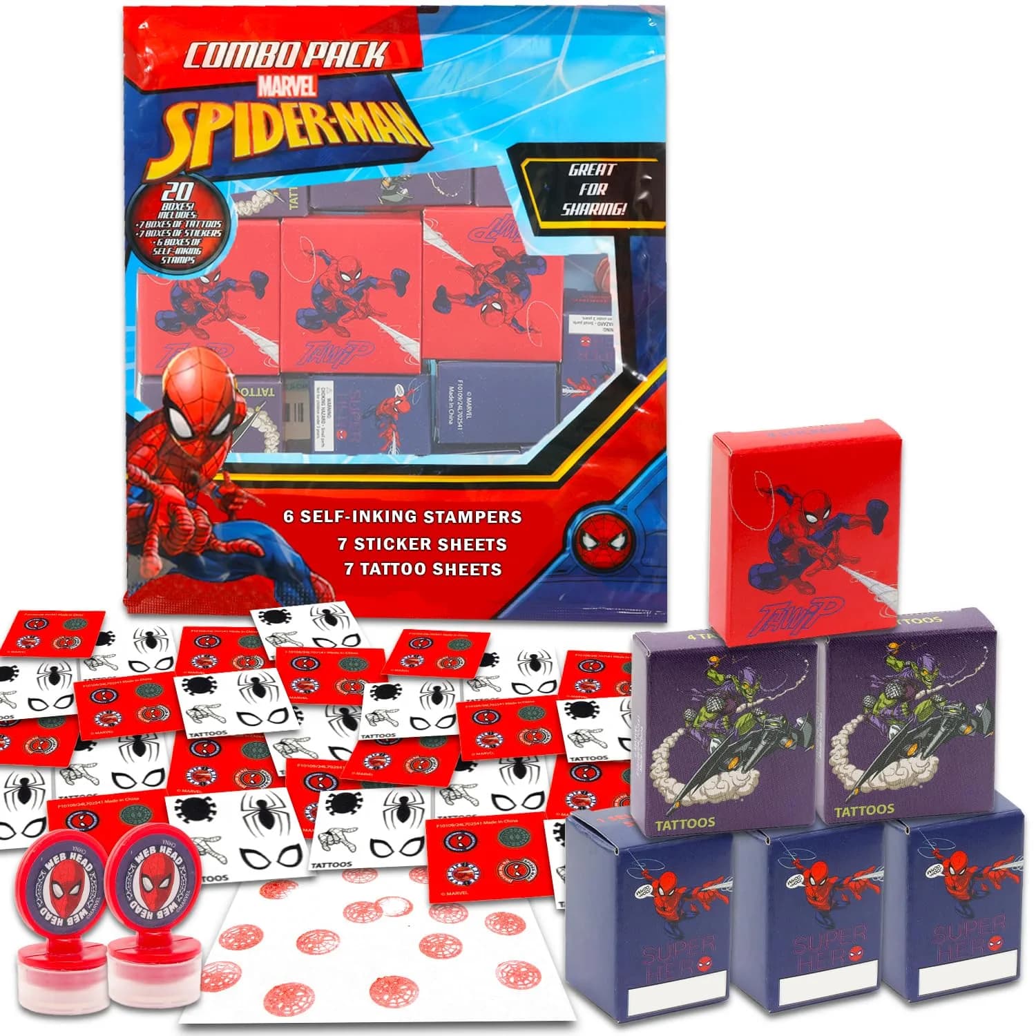 Marvel Spiderman Party Favors for 20 Guests | Superhero Favor Boxes with Stickers, Tattoos & Stampers - main product image