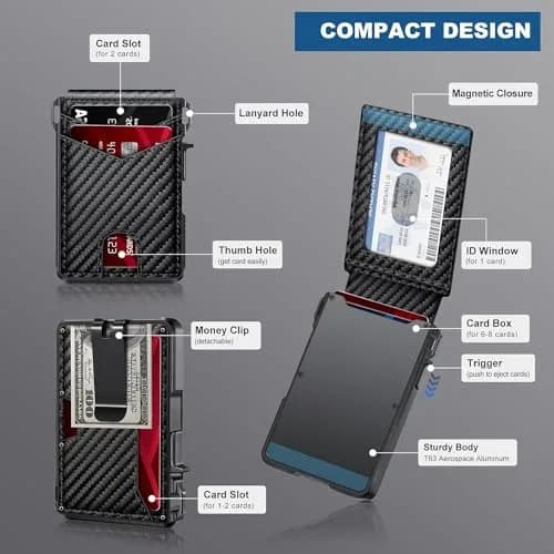 ZALVEX Minimalist RFID Blocking Pop-Up Wallet for Men, Carbon Fiber & Aluminum, 12+ Cards Capacity thumbnail 5