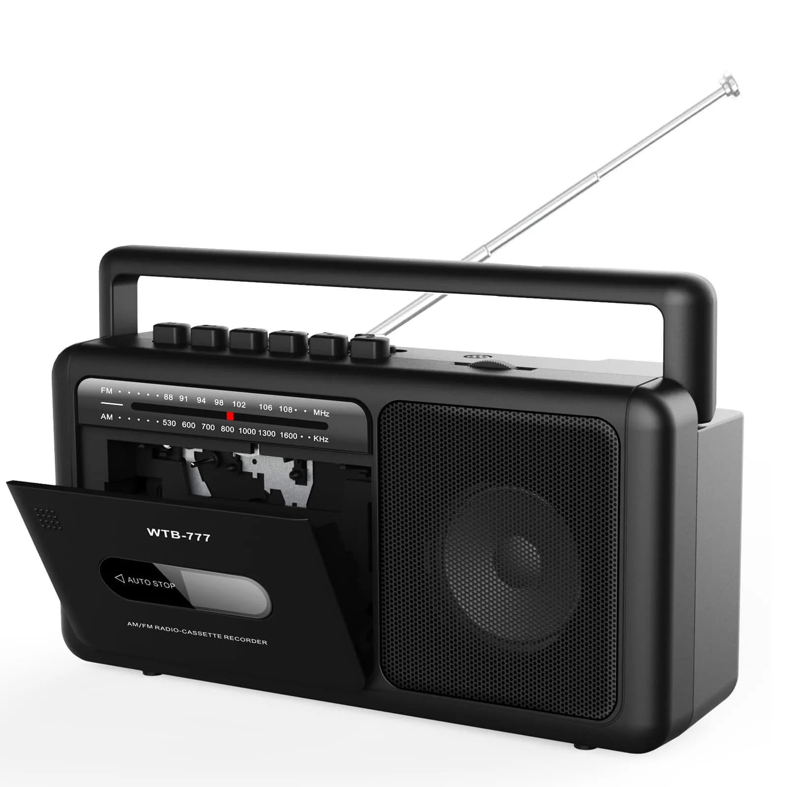 WIITHINK WTB-777 Portable Cassette Player Boombox with Bluetooth, USB, Recorder & AM/FM Radio | 9.8 x 3 x 5.1 inches — Black