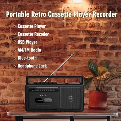 WIITHINK WTB-777 Portable Cassette Player Boombox with Bluetooth, USB, Recorder & AM/FM Radio | 9.8 x 3 x 5.1 inches thumbnail 2