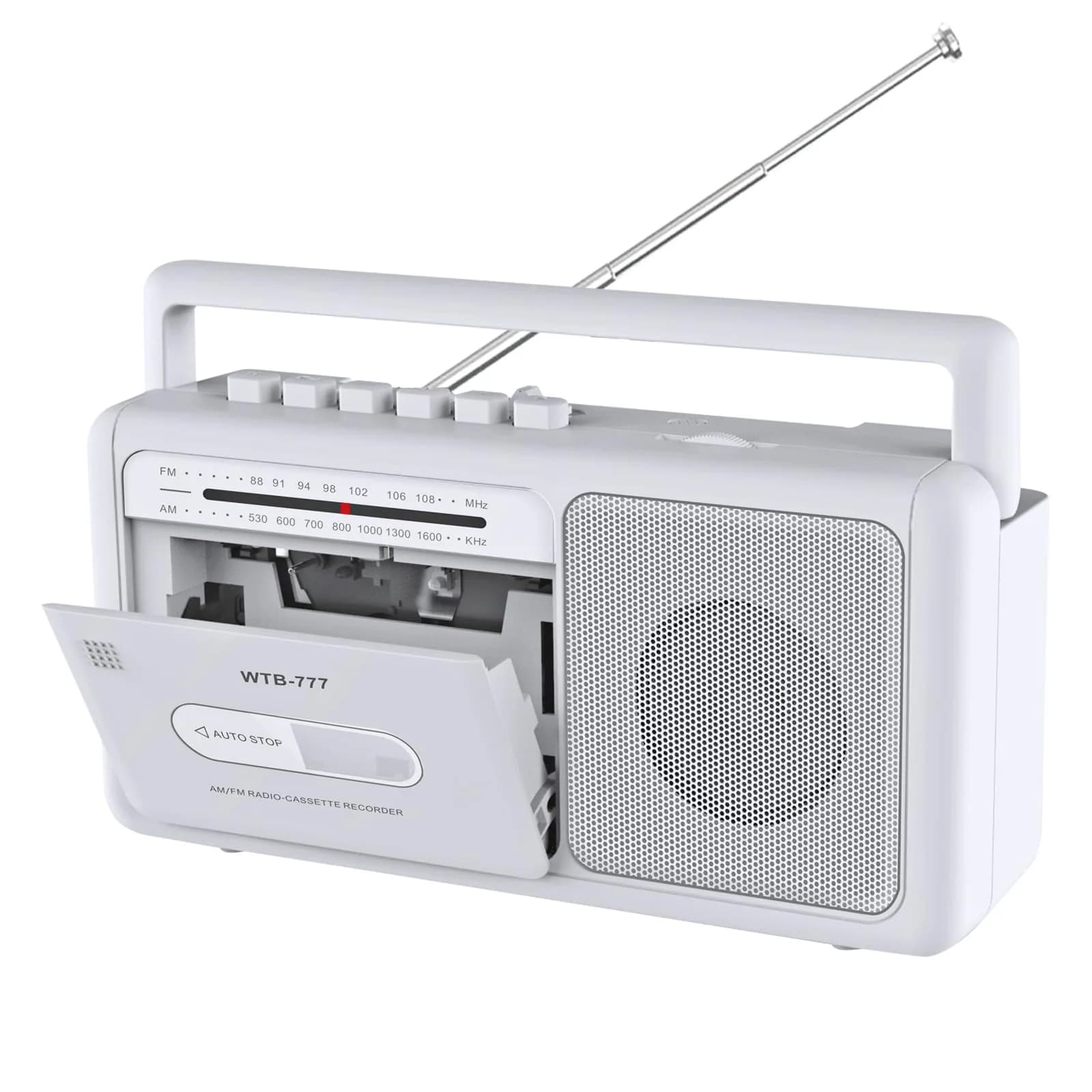 WIITHINK WTB-777 Portable Cassette Player Boombox with Bluetooth, USB, Recorder & AM/FM Radio | 9.8 x 3 x 5.1 inches — White