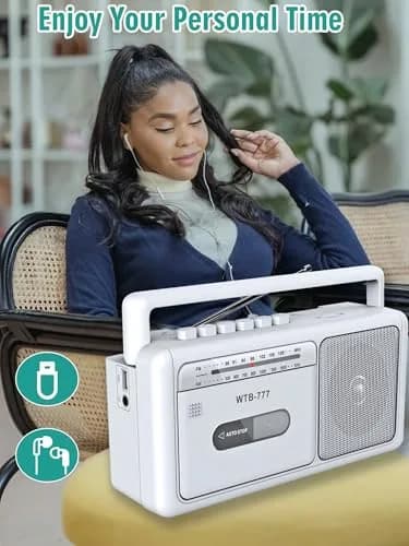 WIITHINK Cassette Tape Player and Recorder Boombox with Bluetooth, AM/FM Radio, USB, White | Portable Retro Audio Player thumbnail 5