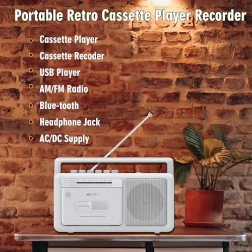 WIITHINK Cassette Tape Player and Recorder Boombox with Bluetooth, AM/FM Radio, USB, White | Portable Retro Audio Player thumbnail 2