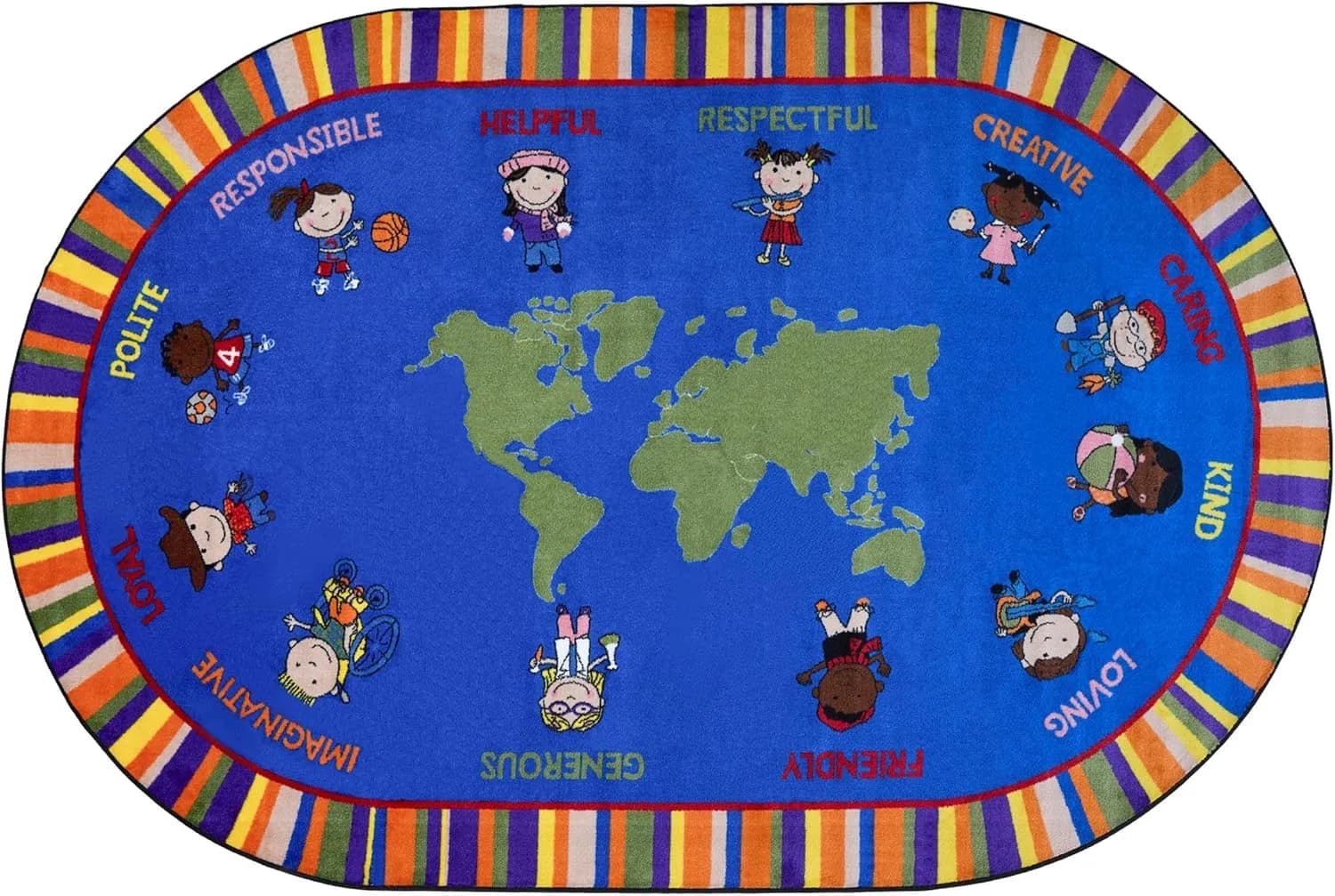 KIDCARPET.COM Our World of Virtue Classroom Rug 4' x 6' Oval | Bright Educational Kids Rug for Nursery & Playroom — 4' x 6' (Oval)