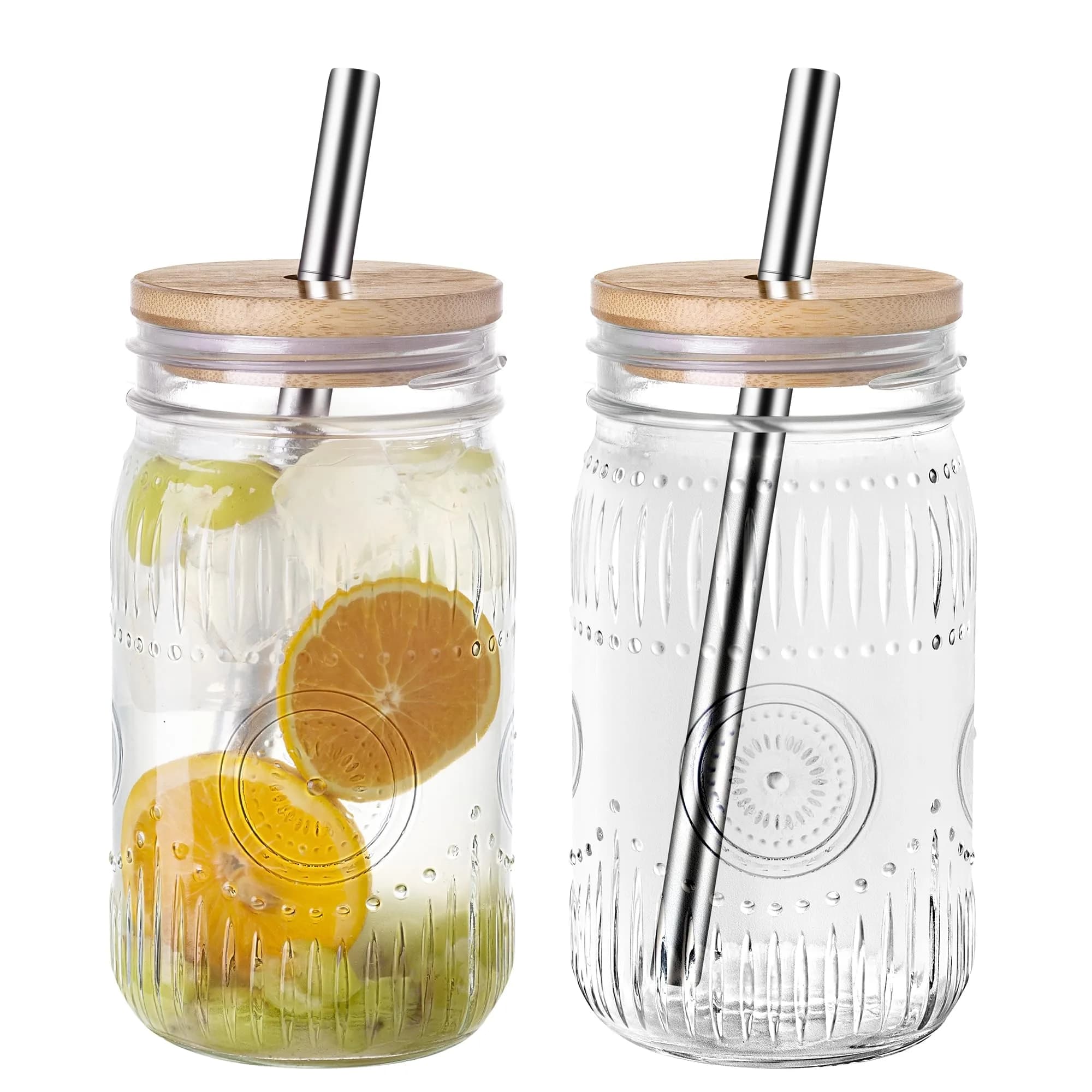 Amzcku 32oz Mason Jars with Bamboo Lids & Steel Straws | Vintage Wide Mouth Quart Cups