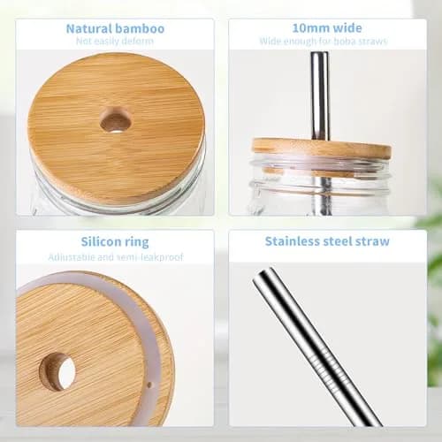 Amzcku 32oz Mason Jars with Bamboo Lids & Steel Straws | Vintage Wide Mouth Quart Cups thumbnail 4