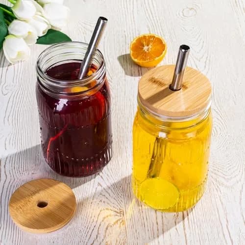 Amzcku 32oz Mason Jars with Bamboo Lids & Steel Straws | Vintage Wide Mouth Quart Cups thumbnail 5