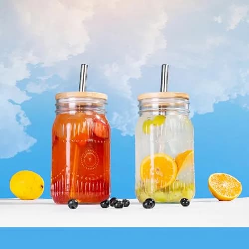 Amzcku 32oz Mason Jars with Bamboo Lids & Steel Straws | Vintage Wide Mouth Quart Cups thumbnail 6
