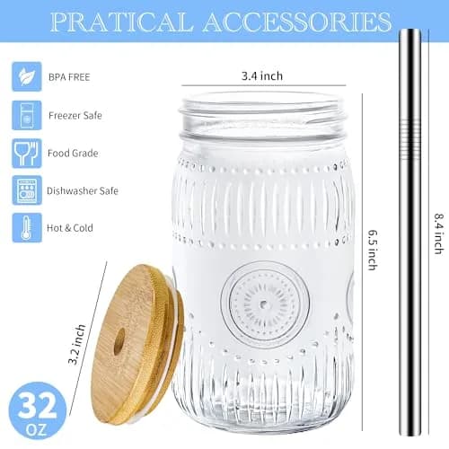 Amzcku 32oz Mason Jars with Bamboo Lids & Steel Straws | Vintage Wide Mouth Quart Cups thumbnail 2