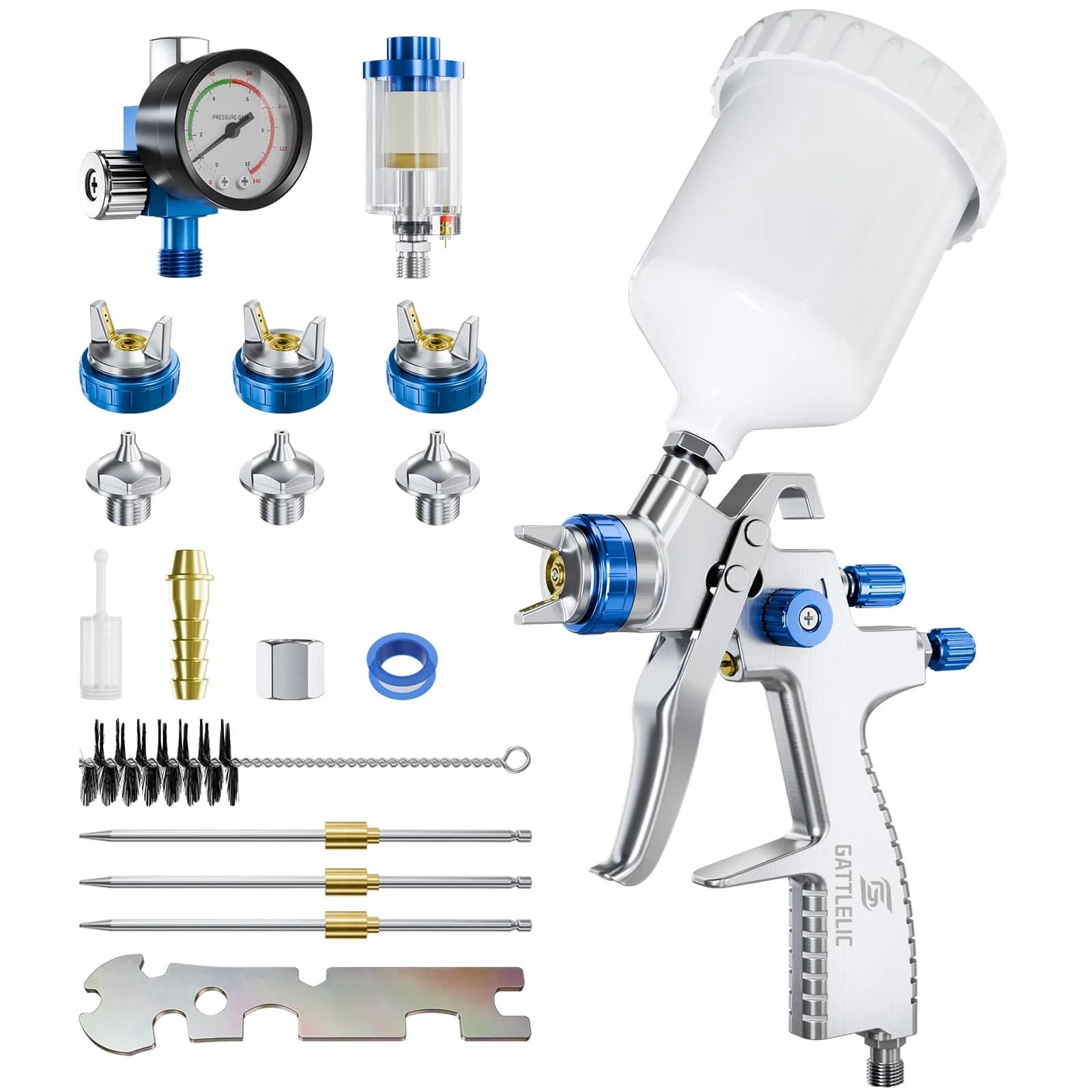 GATTLELIC LVLP Air Spray Gun Premium Kit with 1.3/1.5/1.7mm Nozzles & Air Regulator, Automotive Paint Sprayer for Cars & Houses (Grey) — LVLP Steel