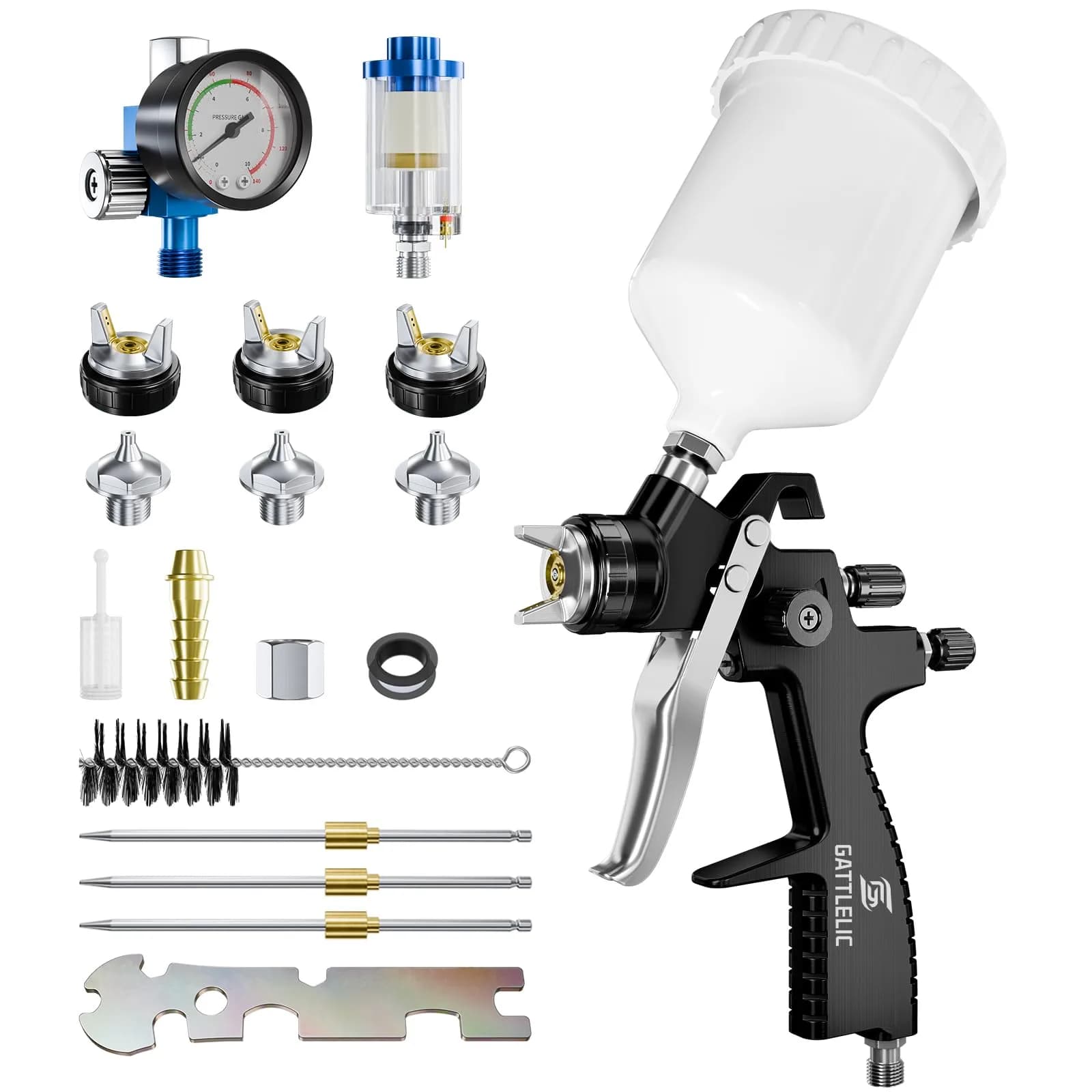 GATTLELIC LVLP Air Spray Gun Premium Kit with 1.3/1.5/1.7mm Nozzles & Air Regulator, Automotive Paint Sprayer for Cars & Houses (Grey) — LVLP Black