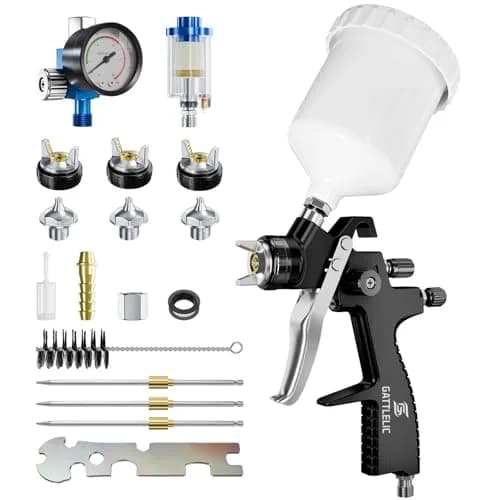 GATTLELIC LVLP Black Air Spray Gun Premium Kit with 1.3/1.5/1.7mm Nozzles & Air Regulator | Automotive Paint Sprayer for Cars & House DIY thumbnail 1