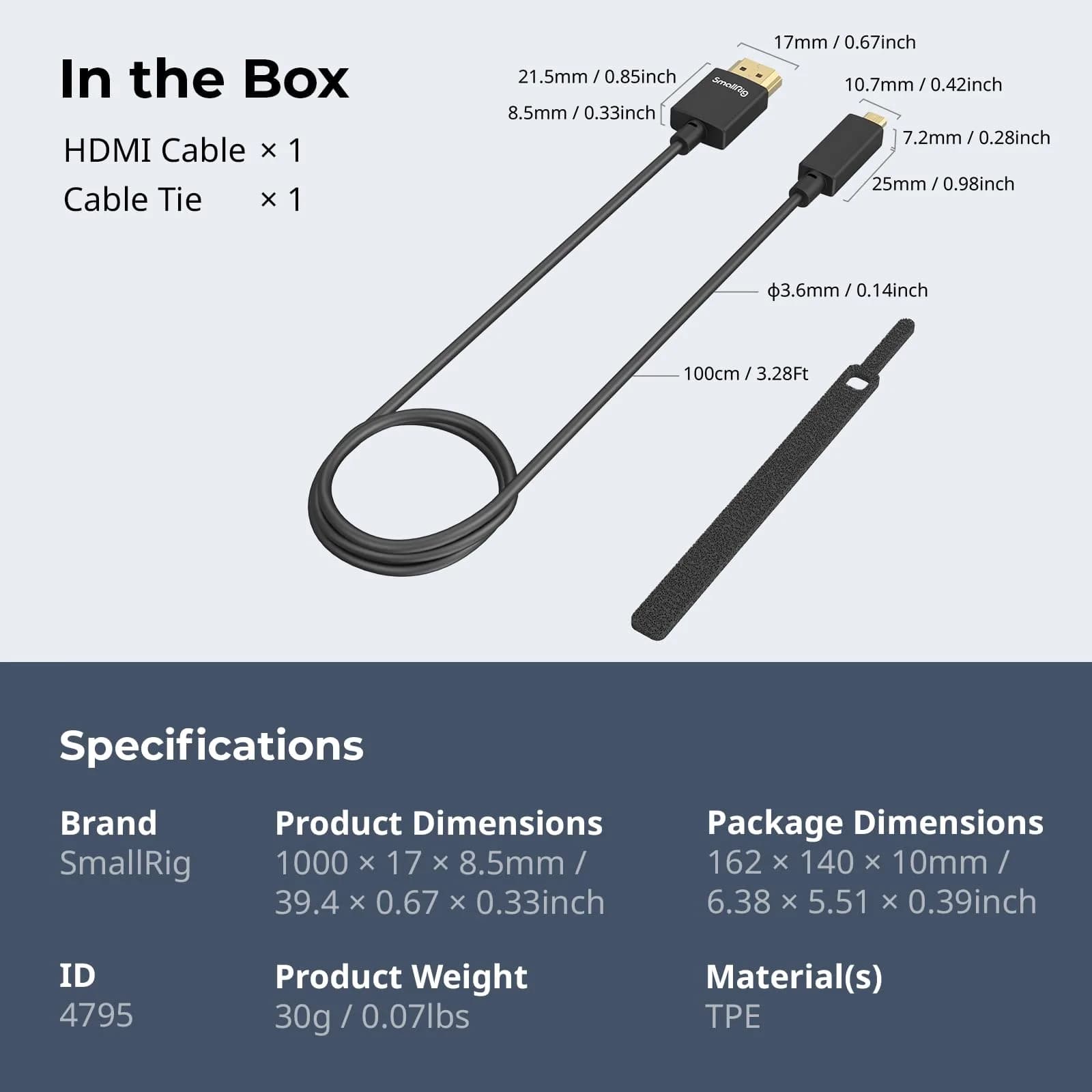 SMALLRIG Ultra Thin HDMI Cable 100cm (3.28ft) | 4K 60Hz HDMI 2.0 Micro to Full HDMI Cord - view 6
