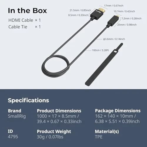 SMALLRIG Ultra Thin HDMI Cable 100cm (3.28ft) | 4K 60Hz HDMI 2.0 Micro to Full HDMI Cord thumbnail 6