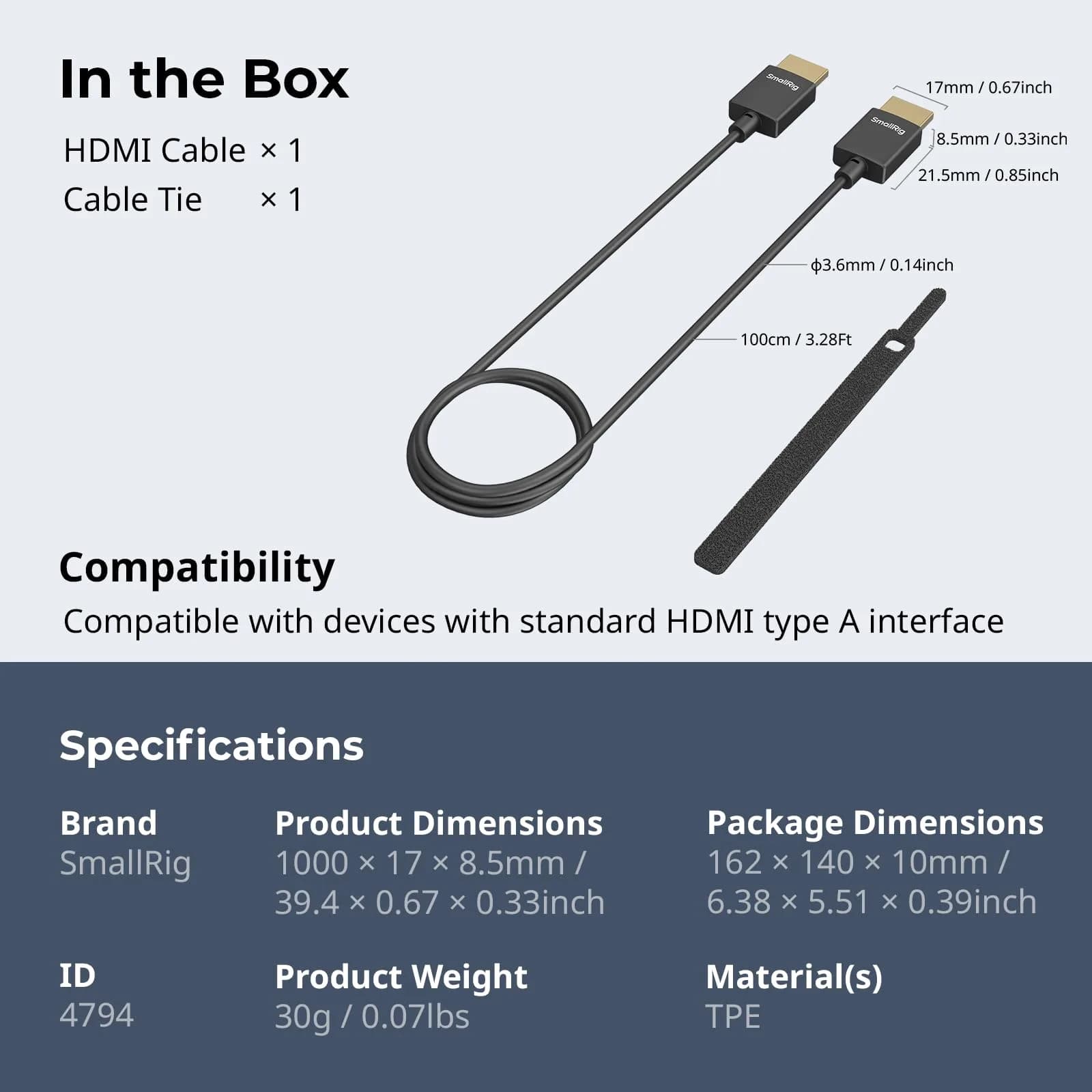 SMALLRIG Ultra Thin HDMI 2.0 Cable 100cm (3.28Ft) | 4K@60Hz Flexible Slim Cord for Camera Rig - view 6