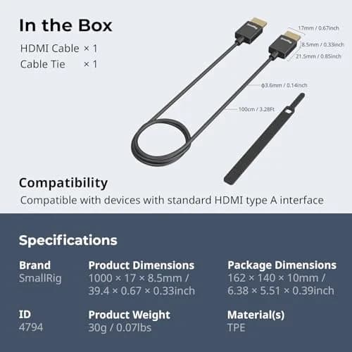 SMALLRIG Ultra Thin HDMI 2.0 Cable 100cm (3.28Ft) | 4K@60Hz Flexible Slim Cord for Camera Rig thumbnail 6