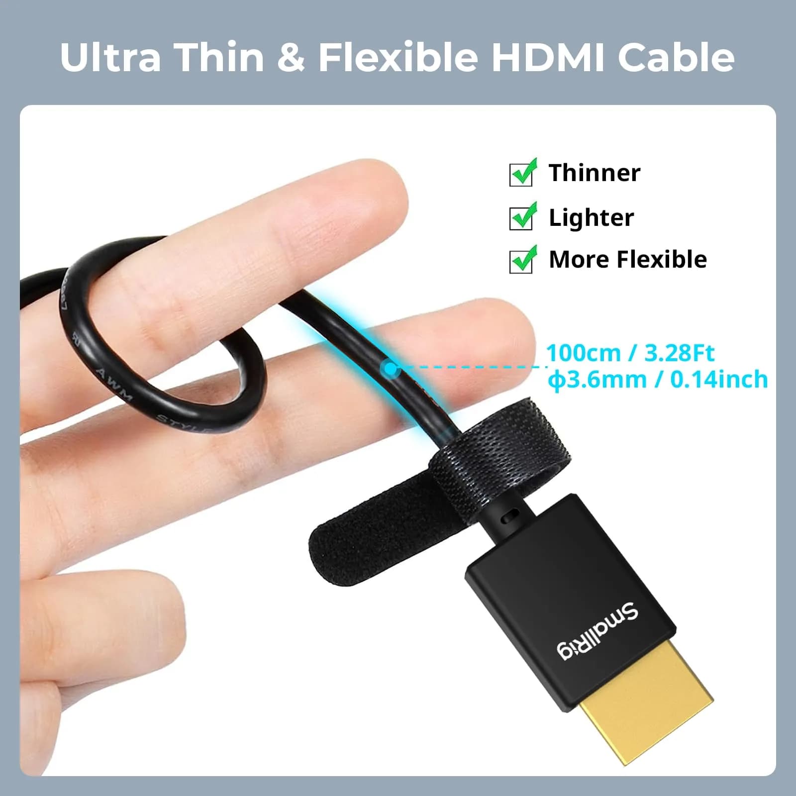 SMALLRIG Ultra Thin 100cm HDMI 2.0 Cable (A to A) - 4K 60Hz Super Flexible Slim Cord - view 2