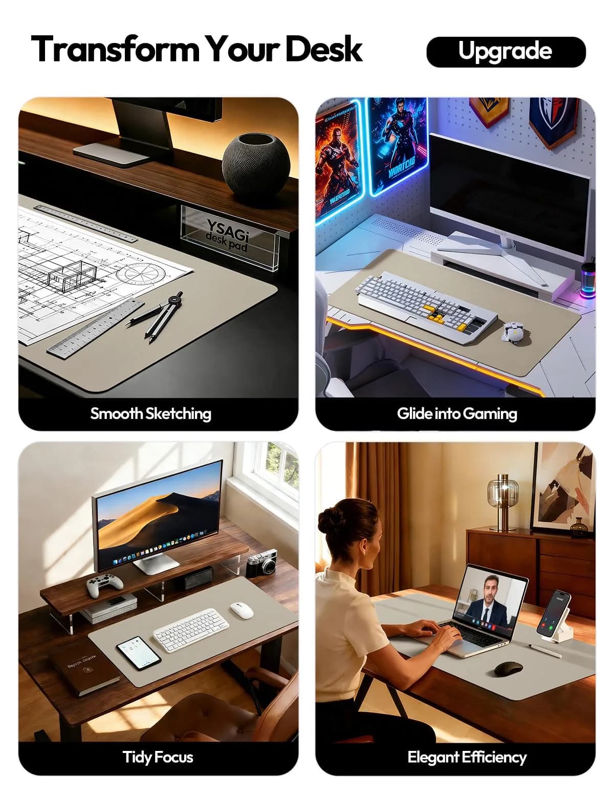 YSAGi Large PU Leather Desk Pad Protector with Mouse Pad Functionality, Olive Beige (47.2" x 23.6") | Protects Desk, Doubles as Mouse Surface - view 2