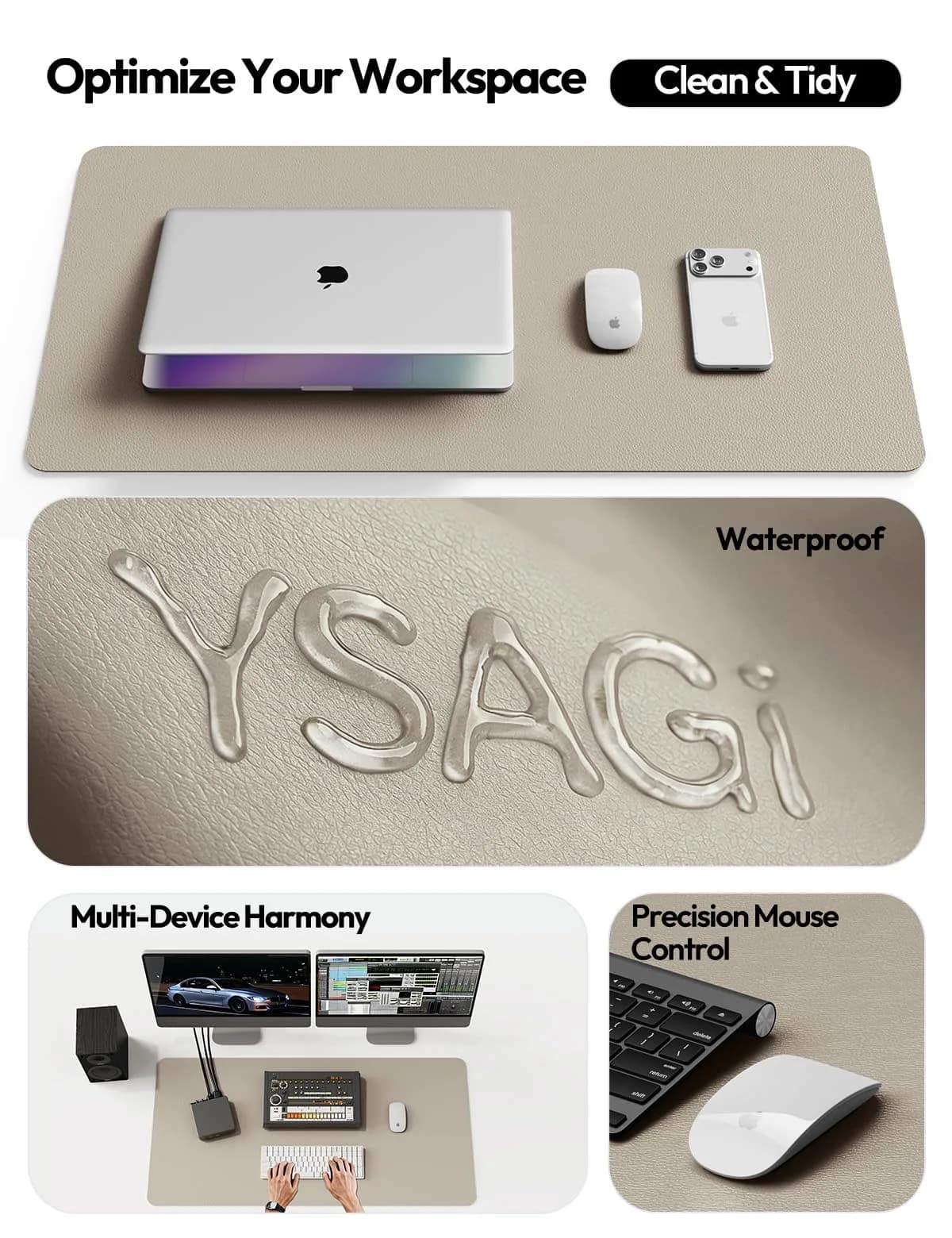 YSAGi Large PU Leather Desk Pad Protector with Mouse Pad Functionality, Olive Beige (47.2" x 23.6") | Protects Desk, Doubles as Mouse Surface - view 8