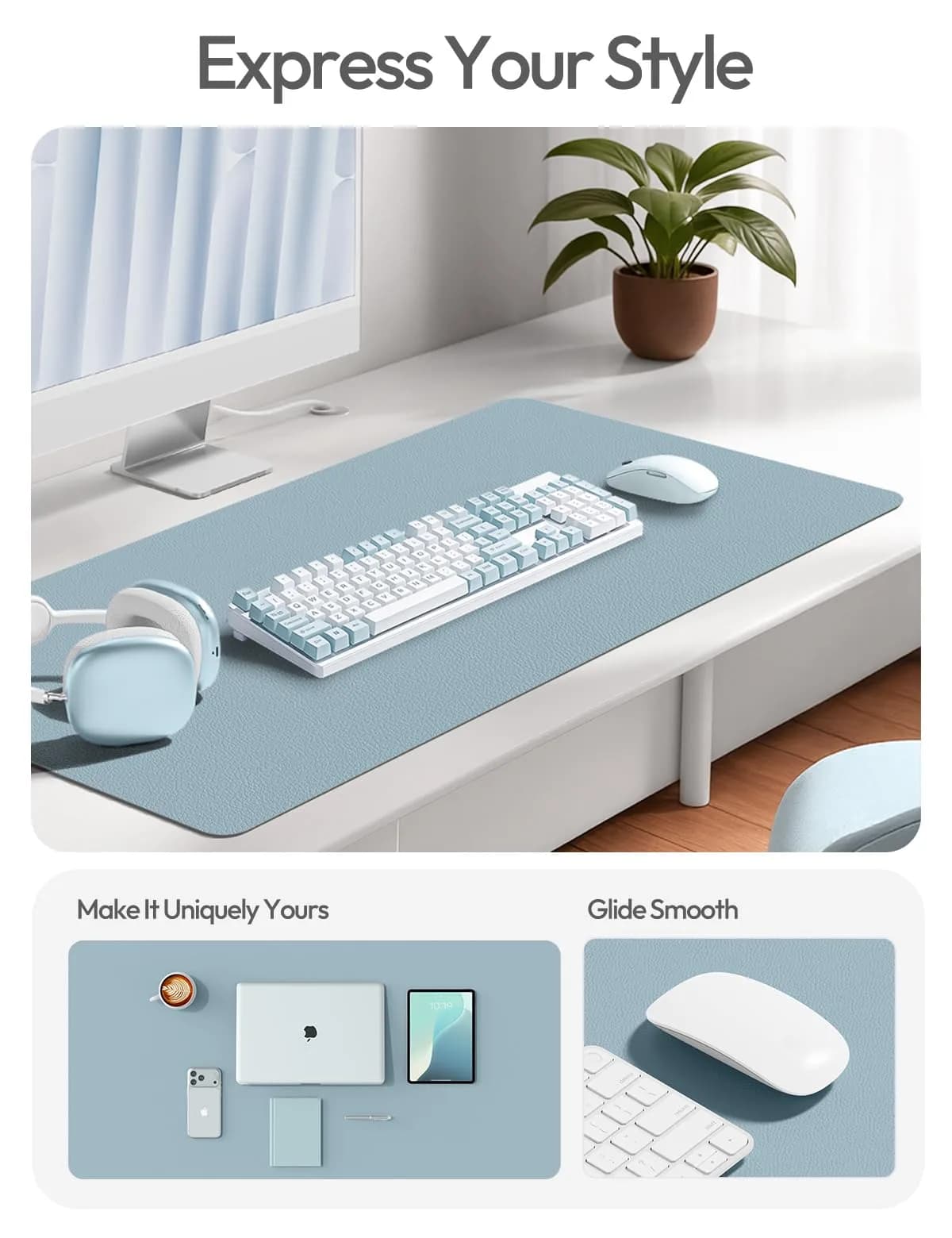 YSAGi PU Leather Desk Protector Mat (Ice Blue, 47.2" x 23.6") | Protects Desk, Doubles as Large Mouse Pad - view 2