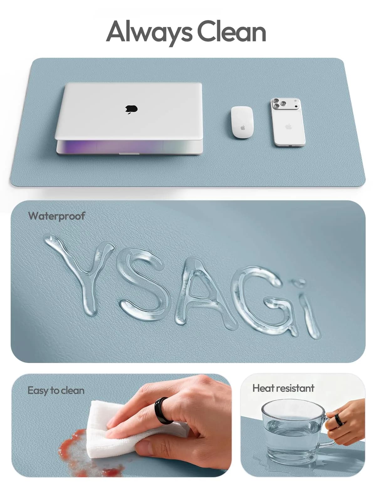 YSAGi PU Leather Desk Protector Mat (Ice Blue, 47.2" x 23.6") | Protects Desk, Doubles as Large Mouse Pad - view 8