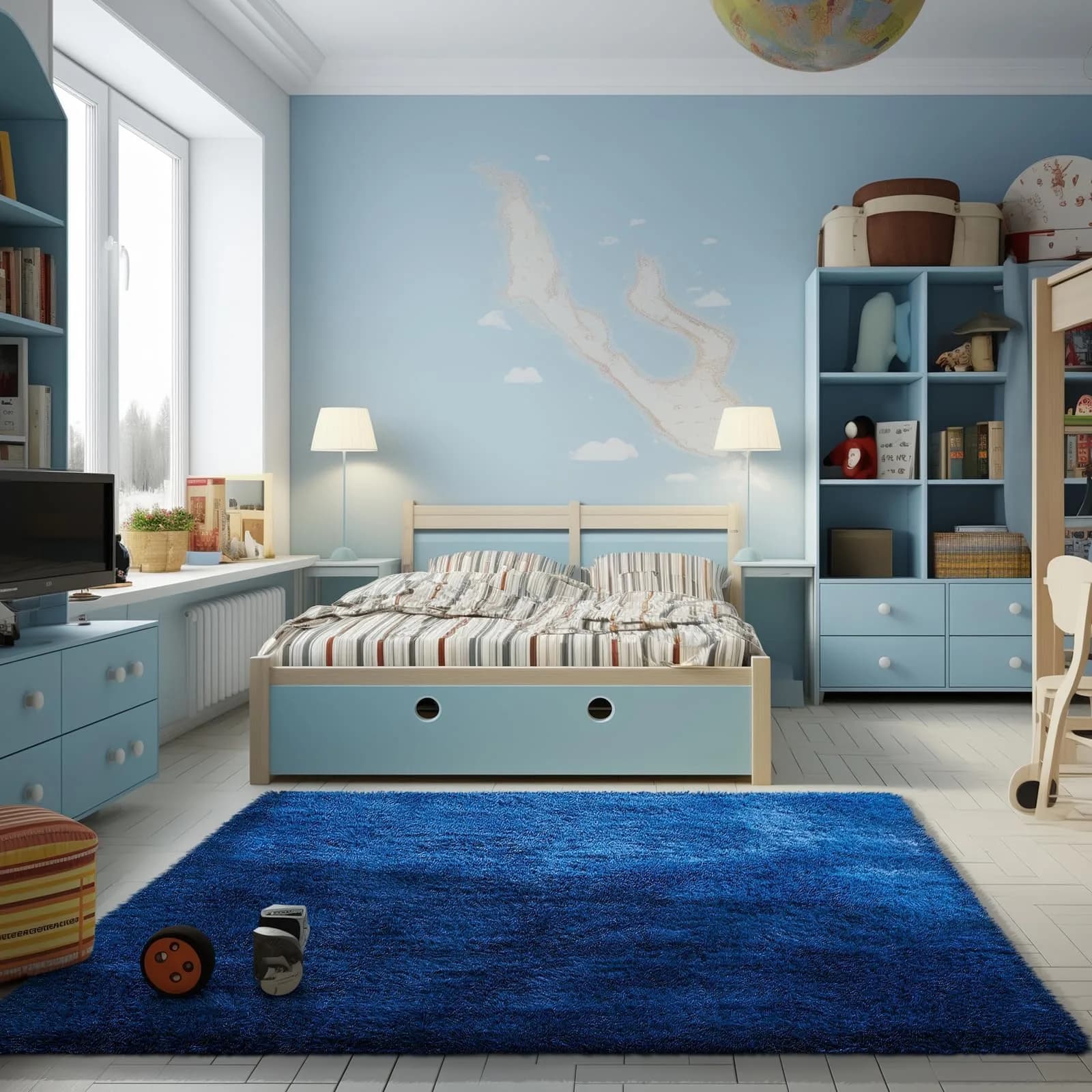 Ophanie Blue Rug 4x6 ft | Soft, Non-slip Kids Bedroom Carpet with Modern Style