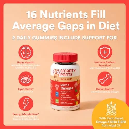 SmartyPants Kids Multivitamin Gummies with Omega 3 DHA/EPA, Vitamins D3, C, B12, B6, A, K, and Zinc, Gluten Free, Three Fruit Flavors, 60 Gummies (30 Day Supply) | Supports Growth & Immunity thumbnail 4