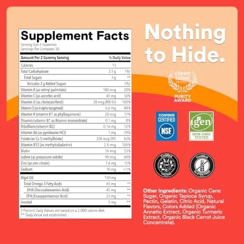 SmartyPants Kids Multivitamin Gummies with Omega 3 DHA/EPA, Vitamins D3, C, B12, B6, A, K, and Zinc, Gluten Free, Three Fruit Flavors, 60 Gummies (30 Day Supply) | Supports Growth & Immunity thumbnail 6