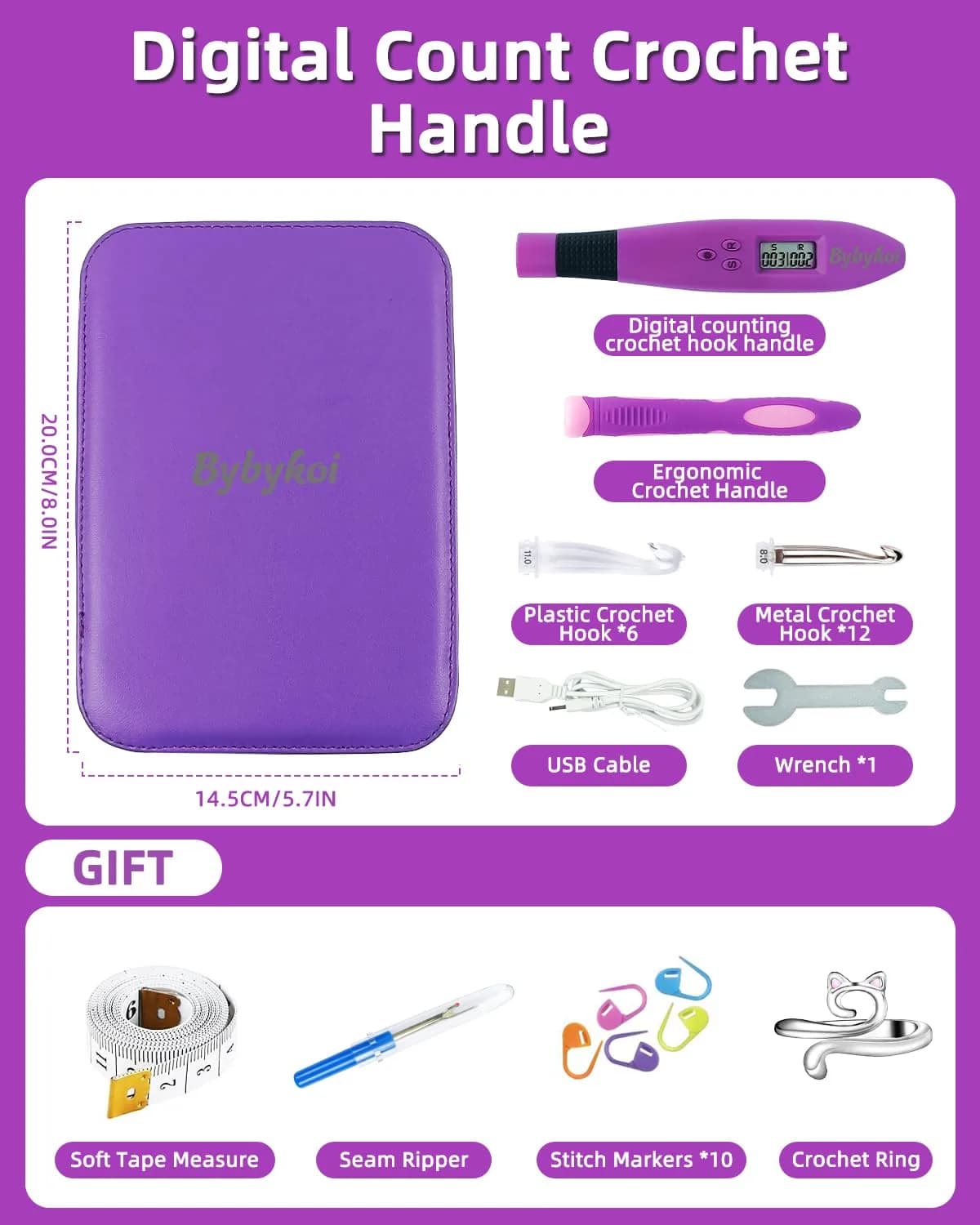 Bybykoi Light Up Crochet Hooks Set - 18 Sizes (2.0-14.0mm) with Digital Counter & Ergonomic Grip | USB Rechargeable - view 7