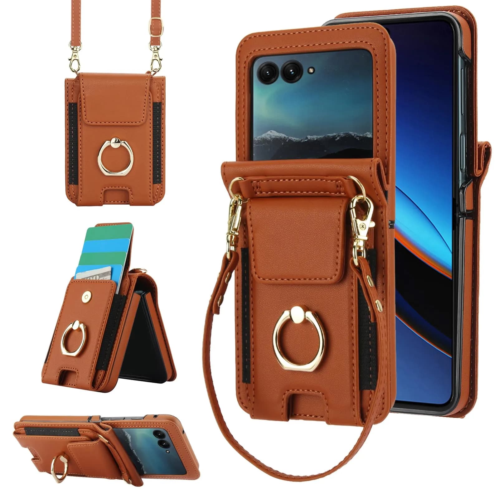 Asuwish Phone Case for Motorola Razr 50 Ultra/Razr+ 2024 | Wallet Cover with Ring & Strap — Brown