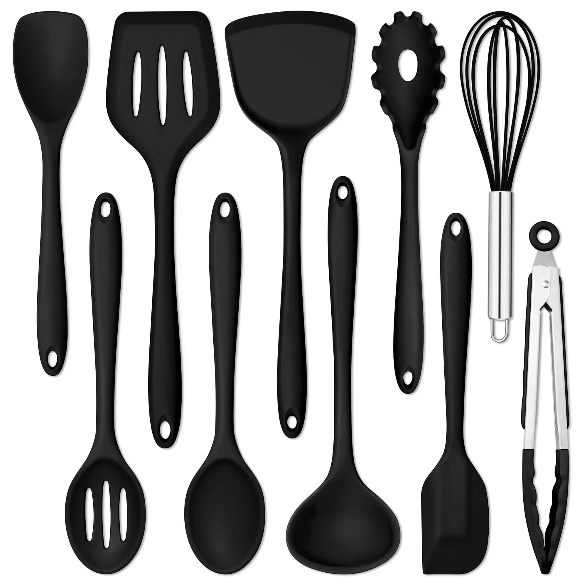 E-far 10-Piece Black Silicone Cooking Utensils Set | Heat Resistant to 450°F, Non-Stick Safe, Dishwasher Safe