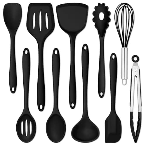 E-far 10-Piece Black Silicone Cooking Utensils Set | Heat Resistant to 450°F, Non-Stick Safe, Dishwasher Safe thumbnail 1