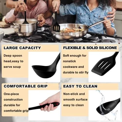 E-far 10-Piece Black Silicone Cooking Utensils Set | Heat Resistant to 450°F, Non-Stick Safe, Dishwasher Safe thumbnail 4